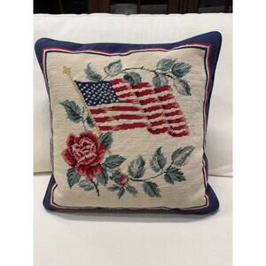 Vtg American Flag Needlepointed Pillow Covers w/Pillow Inserts- Set of 2